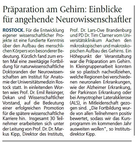 Zeitungsartikel über das Institut für Anatomie der Uniklinik Rostock