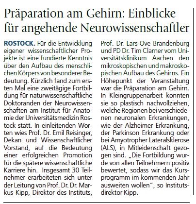 Zeitungsartikel über das Institut für Anatomie der Uniklinik Rostock